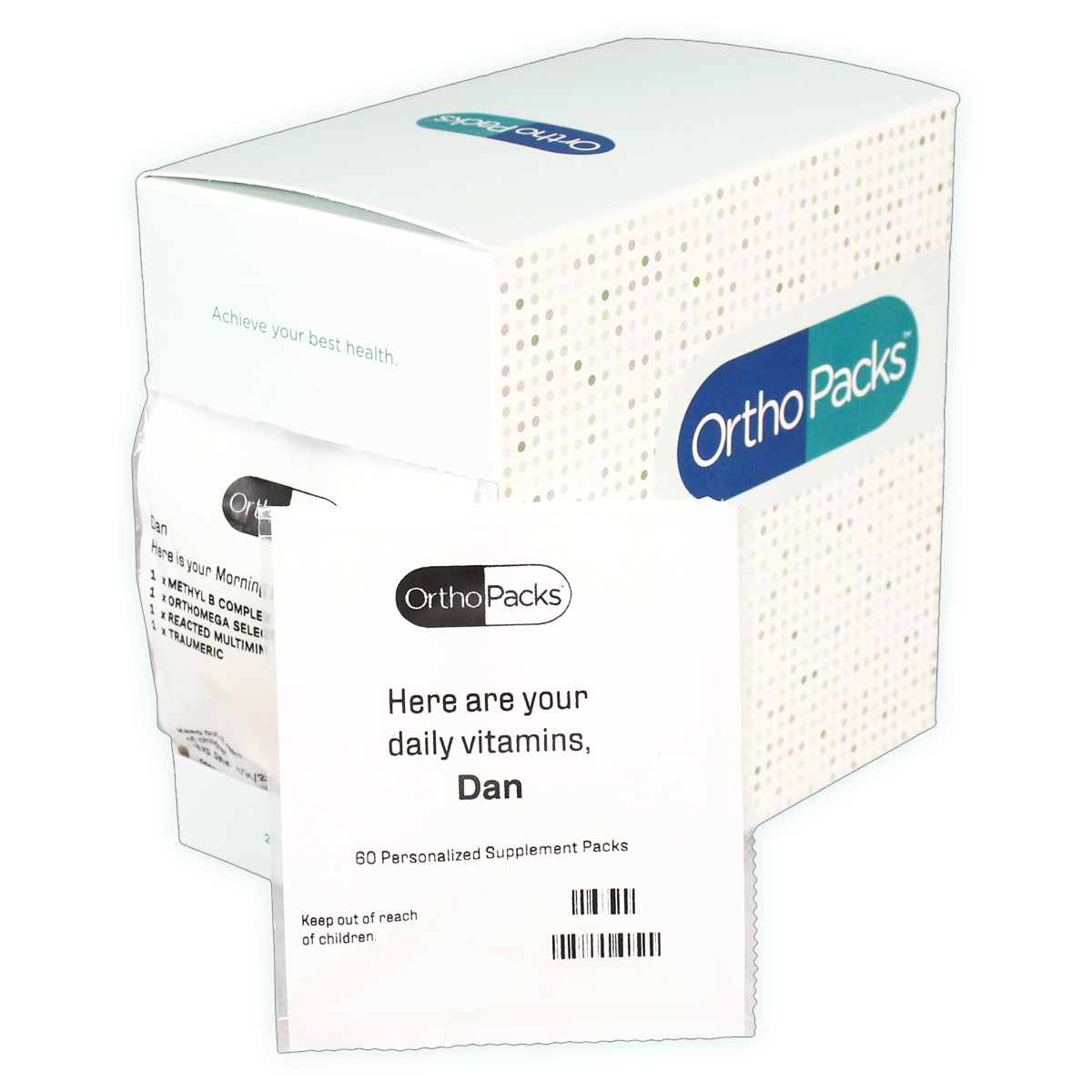 OrthoPacks box photo OrthoPacks packet leaning on box three quarter right top view photo image